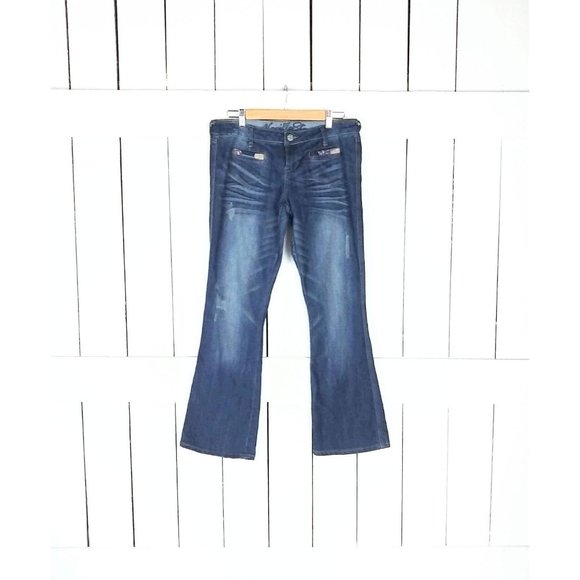 Vanilla Star blue jean patch flared denim jeans/15 - Picture 2 of 4